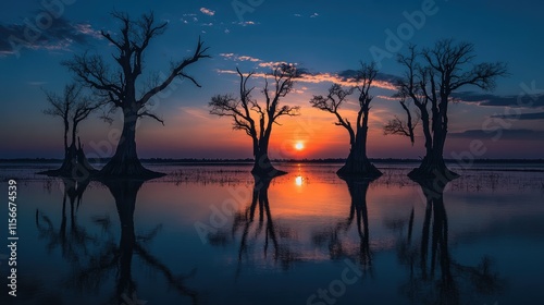 Fototapeta Naklejka Na Ścianę i Meble -  Silhouetted trees reflecting on a serene lake during a vibrant sunset under a colorful sky