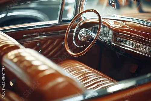 Classic Car Interior Luxury Brown Leather Vintage Automobile Details photo