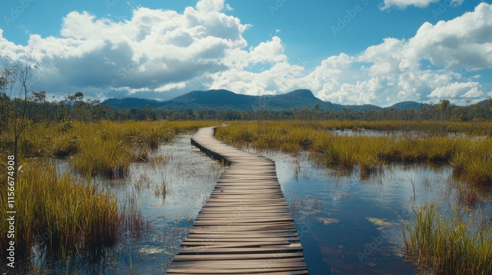 Obraz premium Regenerative travel on an ecotrail wooden path through serene swamps surrounded by lush greenery and distant mountains under a sunny sky