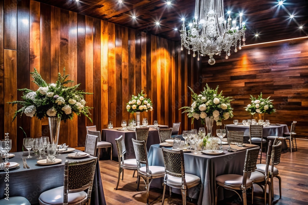 Elegant black and silver rustic wood event backdrop, AI-generated.