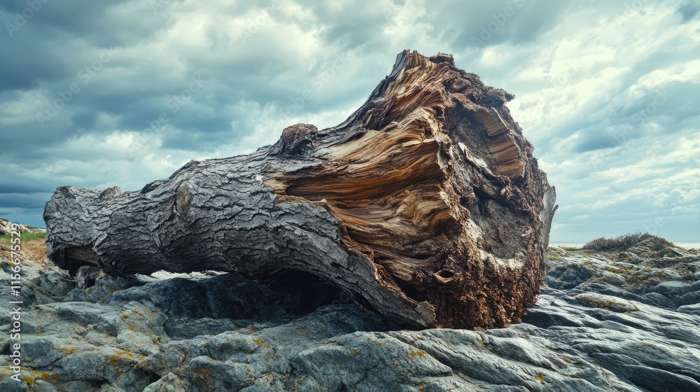 Broken tree trunk weathered by strong winds resting on rocky terrain under a dramatic sky showcasing nature's resilience and beauty. Broken tree trunk weathered by strong winds resting on rocky terrain under a dramatic sky showcasing nature's resilience and beauty.