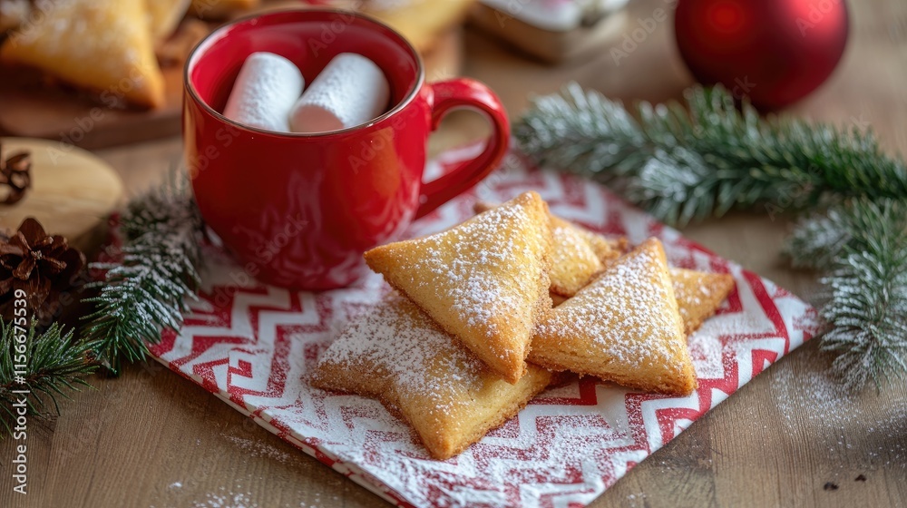 Triangular cookies dusted with powdered sugar beside a red mug with marshmallows and holiday decorations on a vibrant zigzag napkin Triangular cookies dusted with powdered sugar beside a red mug with marshmallows and holiday decorations on a vibrant zigzag napkin