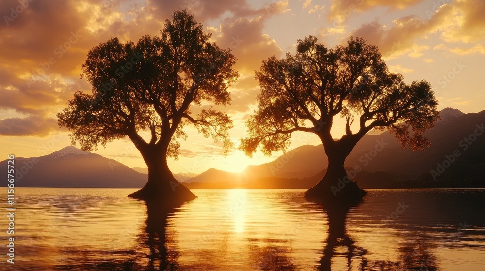 Serene sunset over a lake with tree silhouettes reflecting on calm waters and distant mountains creating a tranquil natural scene Serene sunset over a lake with tree silhouettes reflecting on calm waters and distant mountains creating a tranquil natural scene