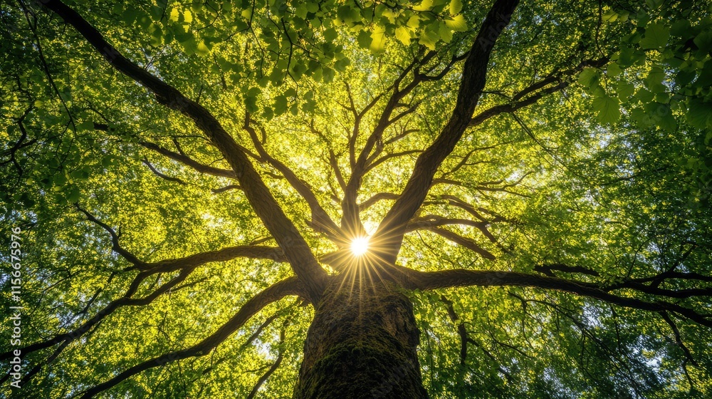 Obraz premium Sunlight filtering through lush green tree canopy creating a vibrant and textured nature background in bright daytime settings