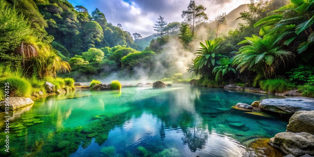 Fototapeta premium Escape to serene hot springs, lush nature.