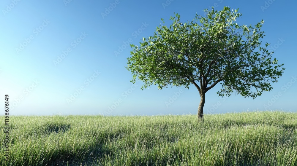 Lone Tree on Grassland Under Clear Blue Sky in a Serene Natural Landscape Lone Tree on Grassland Under Clear Blue Sky in a Serene Natural Landscape