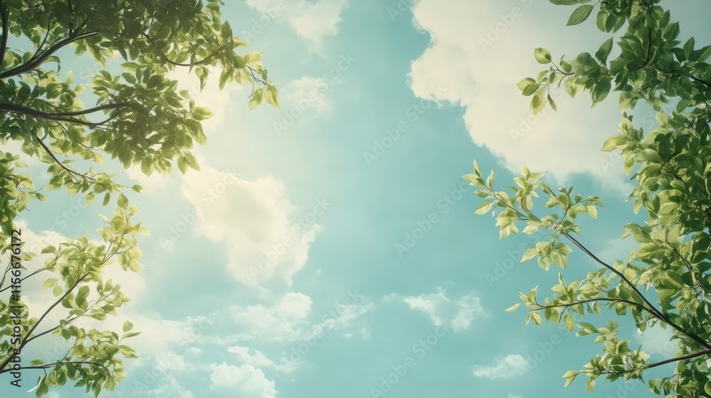 Lush tree branches framing a serene blue sky with fluffy clouds illuminated by soft sunlight in a tranquil natural setting Lush tree branches framing a serene blue sky with fluffy clouds illuminated by soft sunlight in a tranquil natural setting