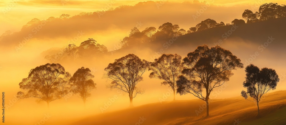Fototapeta premium Misty morning landscape with silhouettes of trees glowing in a golden sunrise over rolling hills