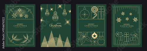 Merry Christmas and Happy New Year greeting card vector set. Luxury invitation with Christmas tree, bauble, spot and line texture on green background. Design illustration for season's card, ads. 