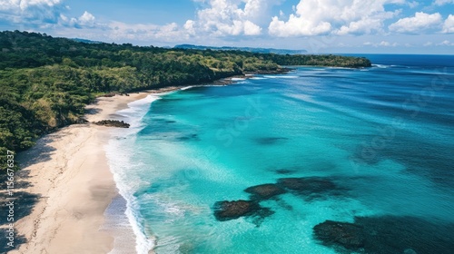 Scenic aerial view of a tropical coast featuring turquoise waters sandy beaches and lush green landscapes under a blue sky