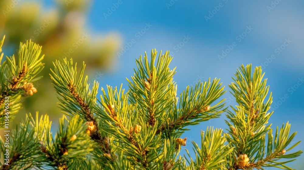 Close-up view of pine tree branches against a blurred blue sky background showcasing vibrant green needles and shallow depth of field. Close-up view of pine tree branches against a blurred blue sky background showcasing vibrant green needles and shallow depth of field.