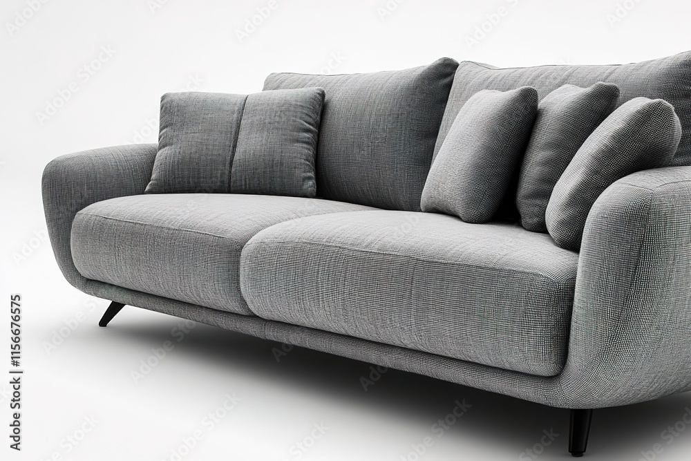 Fototapeta premium Cozy gray sofa with plush cushions, modern design enhances comfo