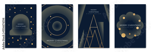 Merry Christmas and Happy New Year greeting card vector set. Luxury invitation with Christmas tree, bauble, spot and line texture on navy blue background. Design illustration for season's card, ads.