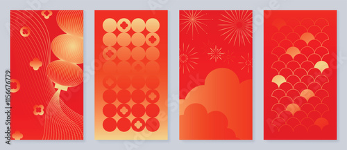 Chinese New Year 2025 hongbao red envelope design vector. Collection of Chinese festival with lantern, firework, pattern. Elegant oriental illustration for angpao, cover, website, calendar, ads.