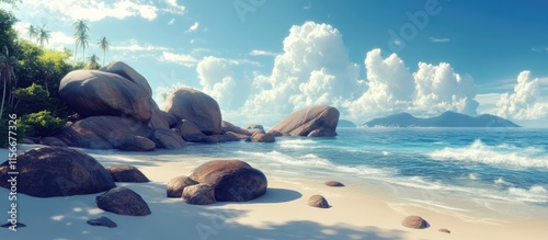 Fototapeta Naklejka Na Ścianę i Meble -  Tropical beach with large rocks under a dreamy sky offering a tranquil summer vibe and positive energy for relaxation and escape.
