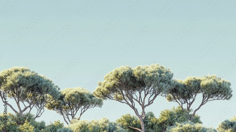 Treetops with lush green foliage under a bright clear sky creating a serene natural landscape ambiance Treetops with lush green foliage under a bright clear sky creating a serene natural landscape ambiance