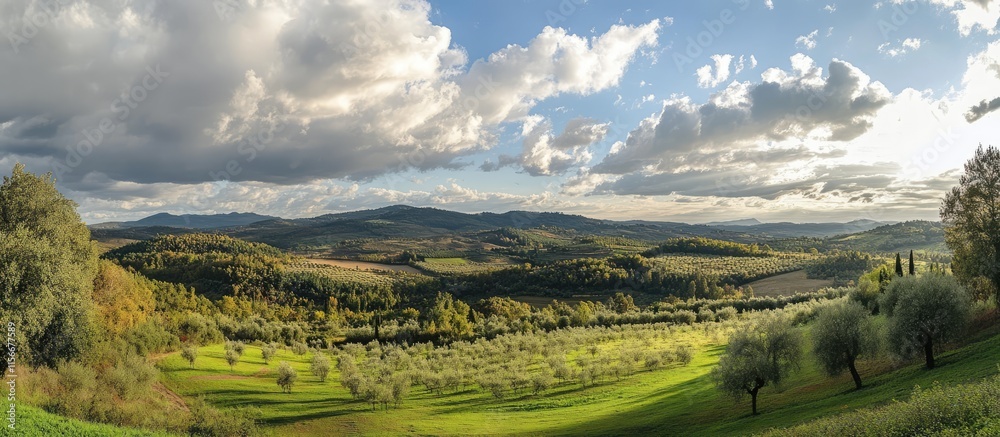 Naklejka premium Breathtaking panoramic view of Tuscany's rolling hills and lush olive groves under a dramatic sky filled with clouds and sunlight.