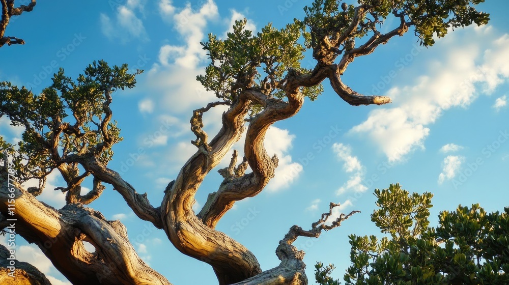 Twisted tree branches against a vibrant sky showcasing natural beauty and intricate patterns in nature's design.
