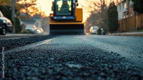 Asphalting the road with an asphalt roller, close-up of the machine's head working on the new black top. Grocery, modern street construction, and concrete delivery service for a house in a residential photo