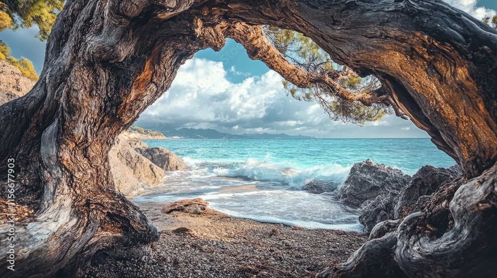 Tree trunks framing a serene beach view with turquoise waters and lush greenery under a bright sky Tree trunks framing a serene beach view with turquoise waters and lush greenery under a bright sky