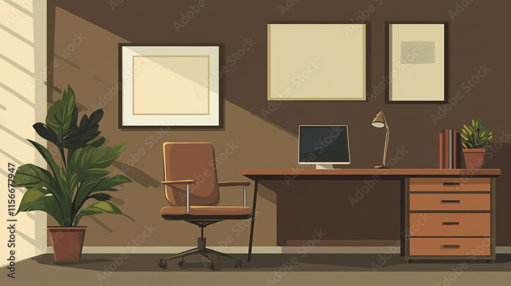 Fototapeta premium Cozy modern workspace with desk, chair, plants, and warm lighting.