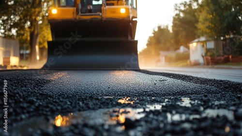 Asphalting the road with an asphalt roller, close-up of the machine's head working on the new black top. Grocery, modern street construction, and concrete delivery service for a house in a residential