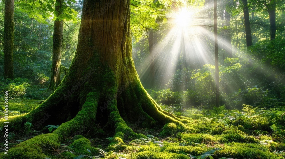 Obraz premium Moss covered tree trunk illuminated by sunlight streaming through lush green forest foliage