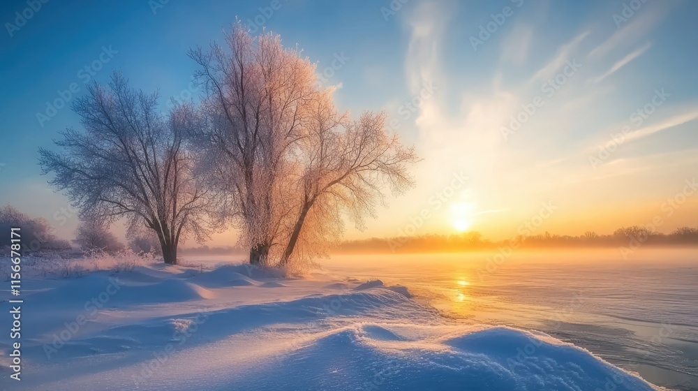 Frosty winter morning landscape with trees in fog and sunrise reflecting on a serene snowy shore Frosty winter morning landscape with trees in fog and sunrise reflecting on a serene snowy shore