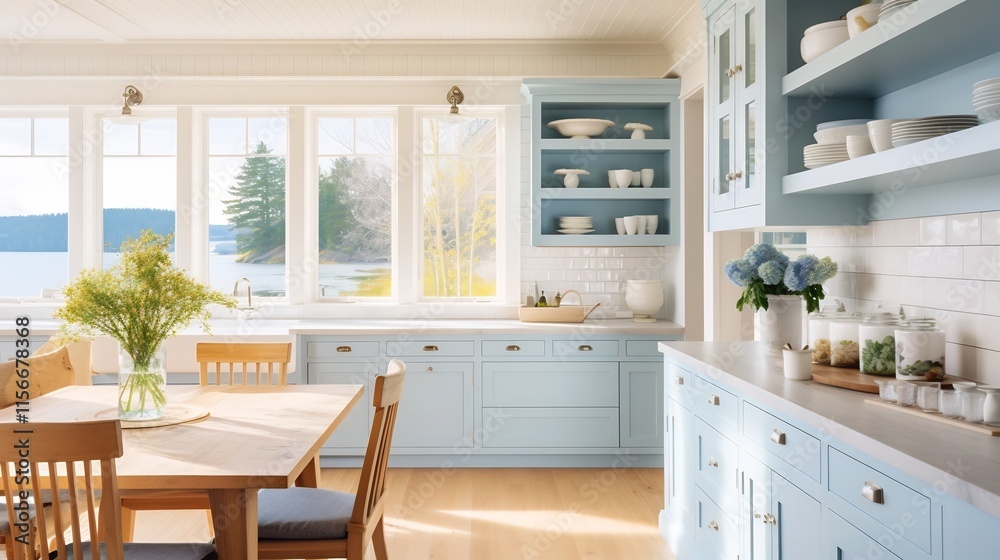 Fototapeta premium Cozy and inviting coastal style kitchen featuring light blue accents open shelving and nautical themed decor elements creating a relaxing and contemporary living space