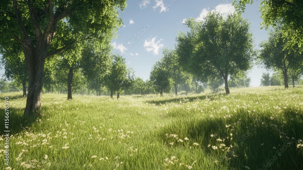 Serene landscape with lush green trees and vibrant grass under a clear blue sky inviting a peaceful outdoor atmosphere Serene landscape with lush green trees and vibrant grass under a clear blue sky inviting a peaceful outdoor atmosphere