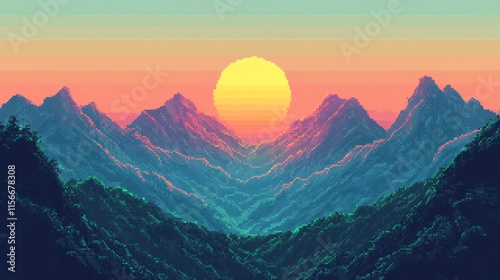 Colorful sunset over serene mountain landscape. photo