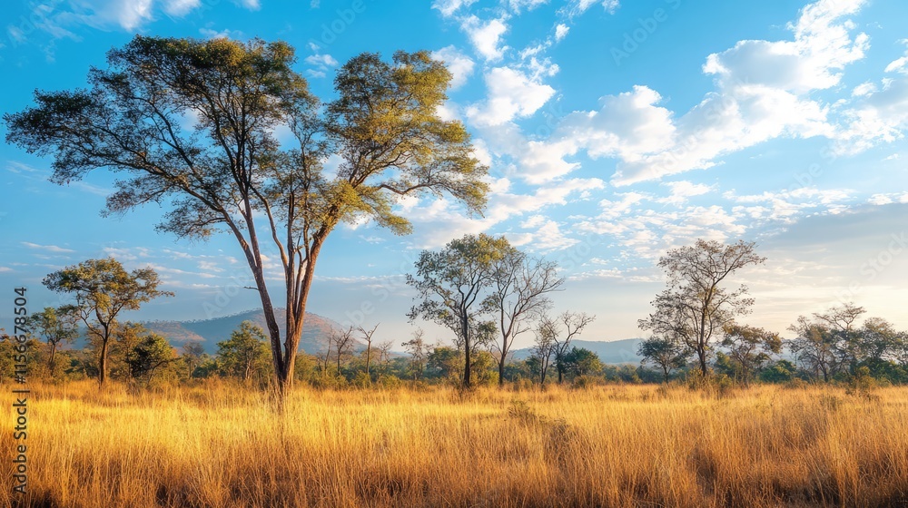 Golden grassland with silhouettes of trees against a vibrant blue sky during sunset creating a serene landscape background. Golden grassland with silhouettes of trees against a vibrant blue sky during sunset creating a serene landscape background.