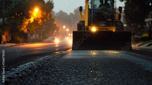 Asphalting the road with an asphalt roller, close-up of the machine's head working on the new black top. Grocery, modern street construction, and concrete delivery service for a house in a residential
