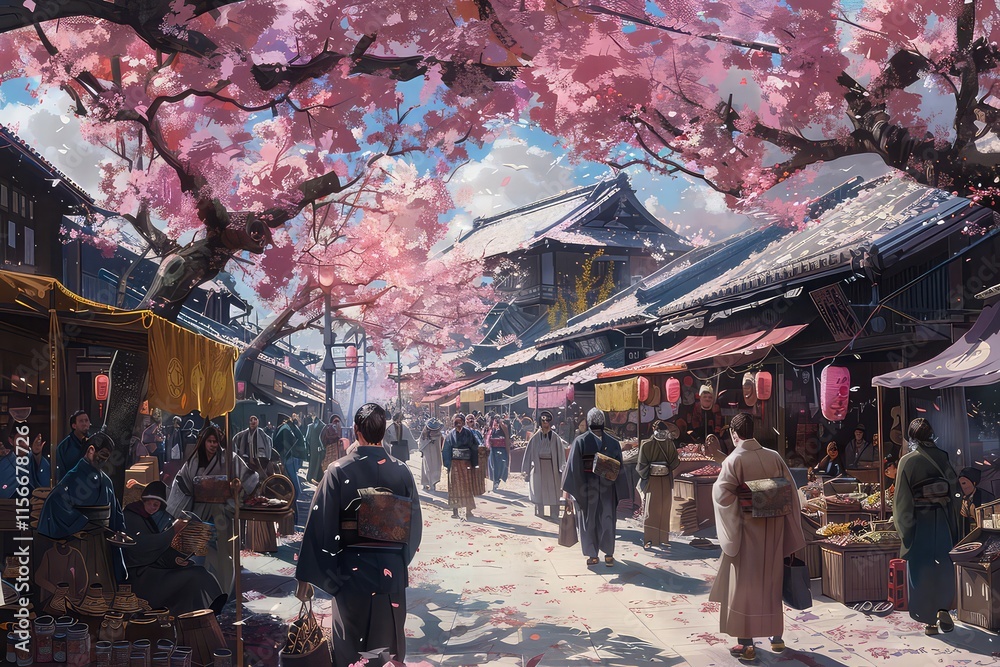 Obraz premium A village market bustling with activity under a canopy of cherry blossoms
