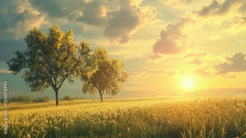 Serene landscape with trees golden sunlight and dramatic clouds at sunset in a tranquil field setting