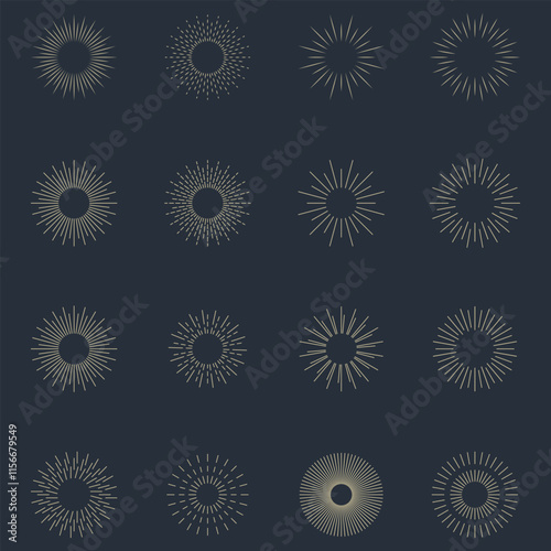 Vintage sunburst set collection. Logotype or lettering hand drawn design element. Bursting golden sun rays sunrise firework starburst blast burst sunset star. Radial sunset beams. Vector illustration.