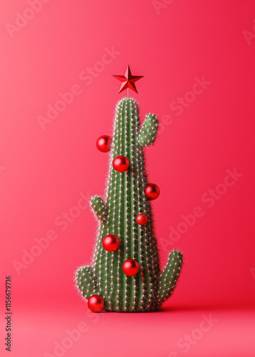 A creatively made Christmas tree from cacti and succulents with red baubles, against a solid soft pink background in the spirit of New Year