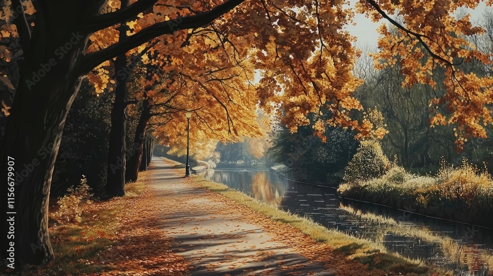 Naklejka premium Autumn pathway lined with vibrant trees and reflections on a tranquil waterway creating a serene natural landscape scene