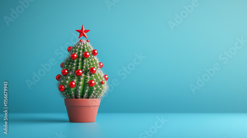 A creatively made Christmas tree from cacti and succulents with red baubles, against a solid icy blue background in the spirit of New Year