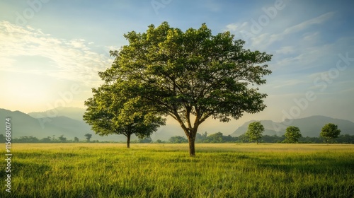 Lush green trees standing majestically in a serene landscape under a bright sky with distant mountains and expansive grassy fields.