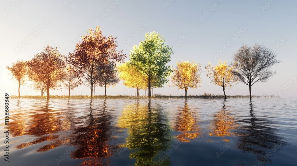 Obraz premium Colorful trees reflected in calm river waters during autumn showcasing vibrant seasonal hues and serene nature landscape.