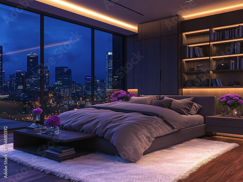 Modern bedroom with city skyline view at night features cozy atmosphere.