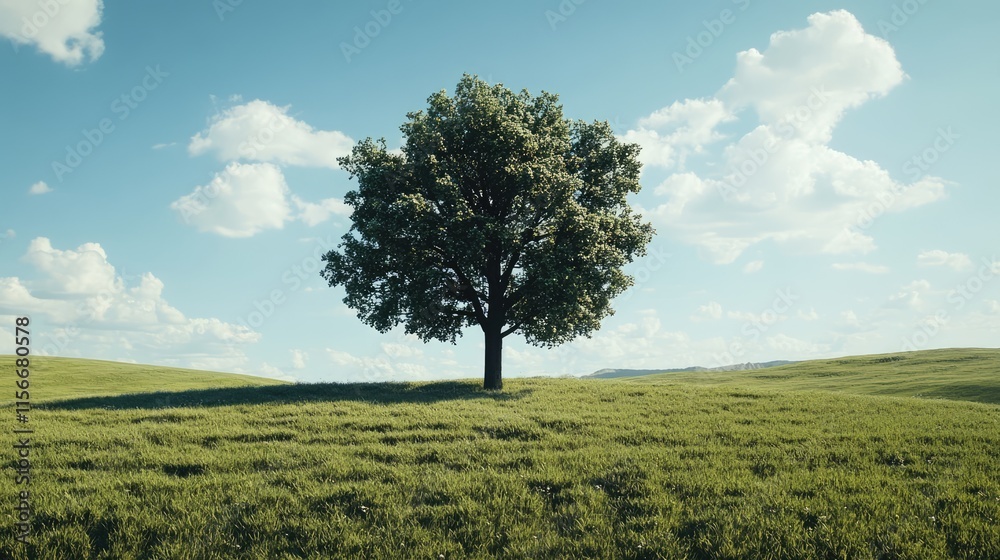 Lone tree in a serene landscape under a blue sky with fluffy clouds representing tranquility and natural beauty. Lone tree in a serene landscape under a blue sky with fluffy clouds representing tranquility and natural beauty.