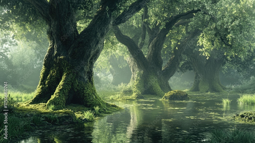 Moss-Covered Trees in Serene Swamp Landscape with Reflections and Lush Greenery Moss-Covered Trees in Serene Swamp Landscape with Reflections and Lush Greenery
