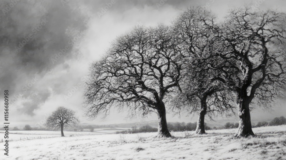 Winter Landscape with Bare Trees in a Snowy Field Under a Dramatic Sky Winter Landscape with Bare Trees in a Snowy Field Under a Dramatic Sky