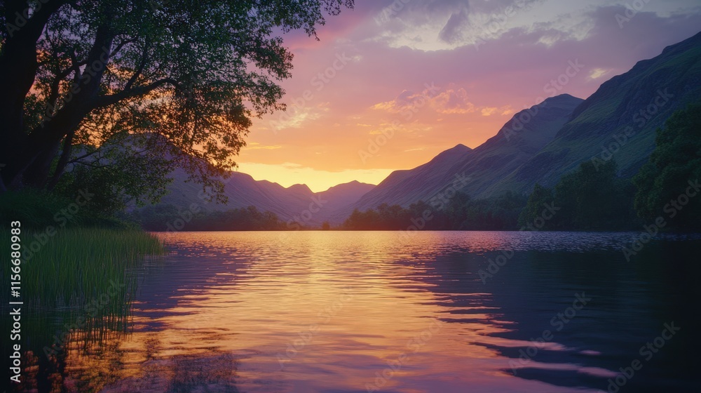 Fototapeta premium Serene Sunset Over Calm Waters and Majestic Mountains at Twilight