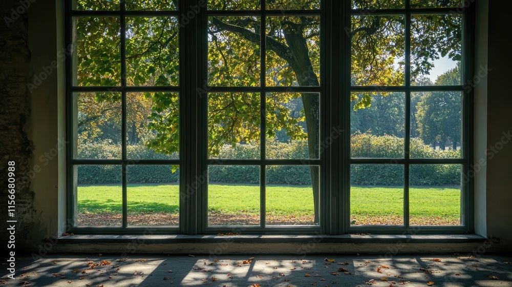 Sunlight streaming through a large window framed by lush trees and greenery in a serene outdoor setting. Sunlight streaming through a large window framed by lush trees and greenery in a serene outdoor setting.