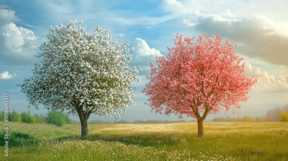 Blossoming trees in vibrant spring and summer fields under a bright blue sky and fluffy white clouds. Blossoming trees in vibrant spring and summer fields under a bright blue sky and fluffy white clouds.