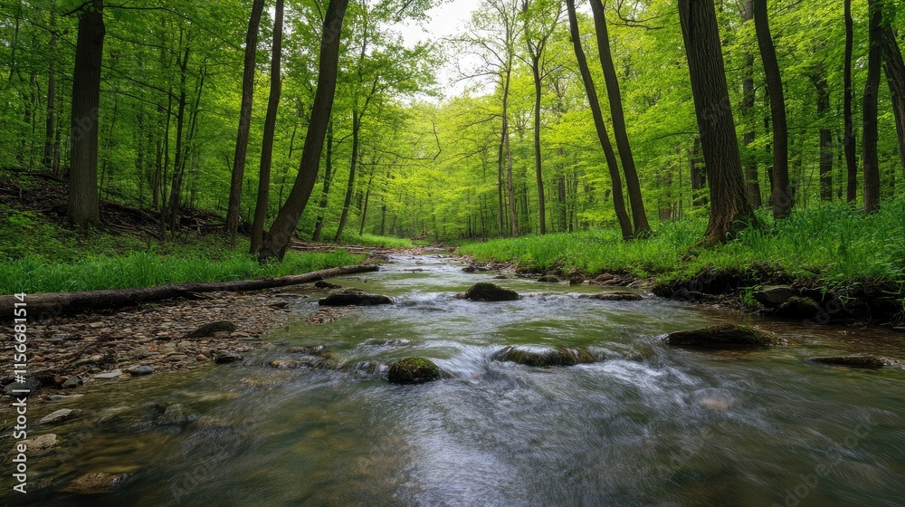 Obraz premium Lush Green Forest with Tranquil Stream Flowing Through Natural Landscape