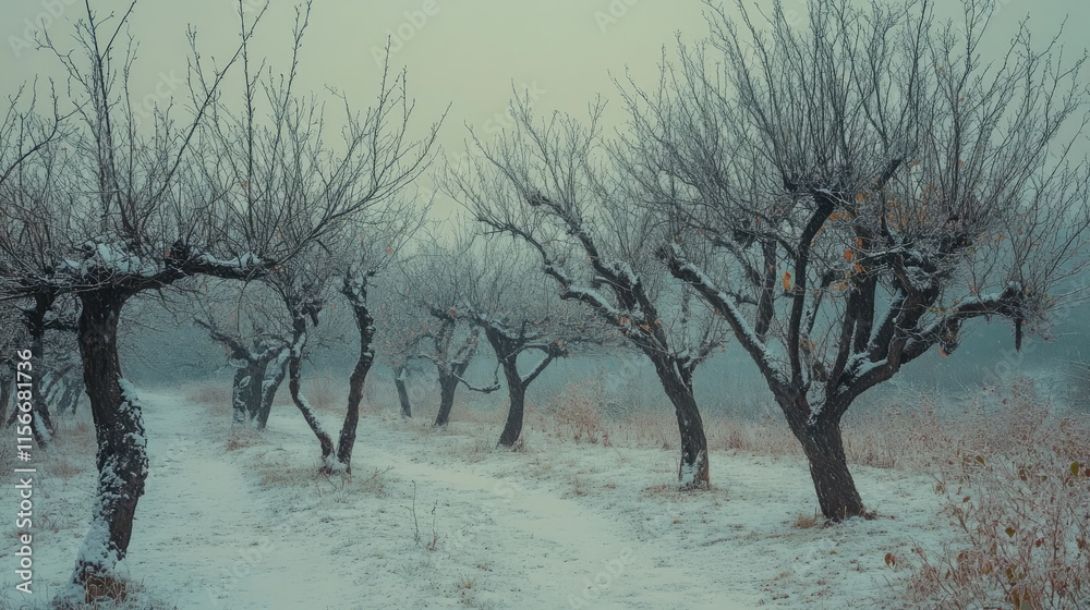 Winter landscape of bare apple trees in a snow-covered orchard creating a tranquil and serene atmosphere amidst the cold season. Winter landscape of bare apple trees in a snow-covered orchard creating a tranquil and serene atmosphere amidst the cold season.